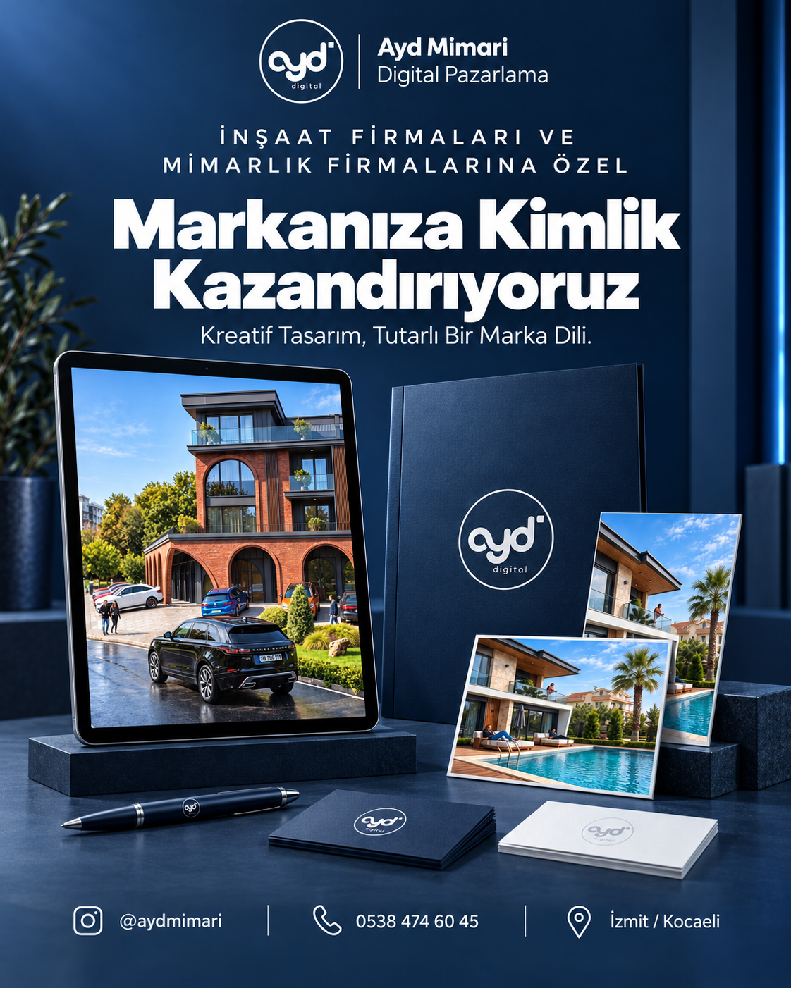 AYD logolu dosya, kartvizit ve mimari görsellerden oluşan kurumsal kimlik sunumu