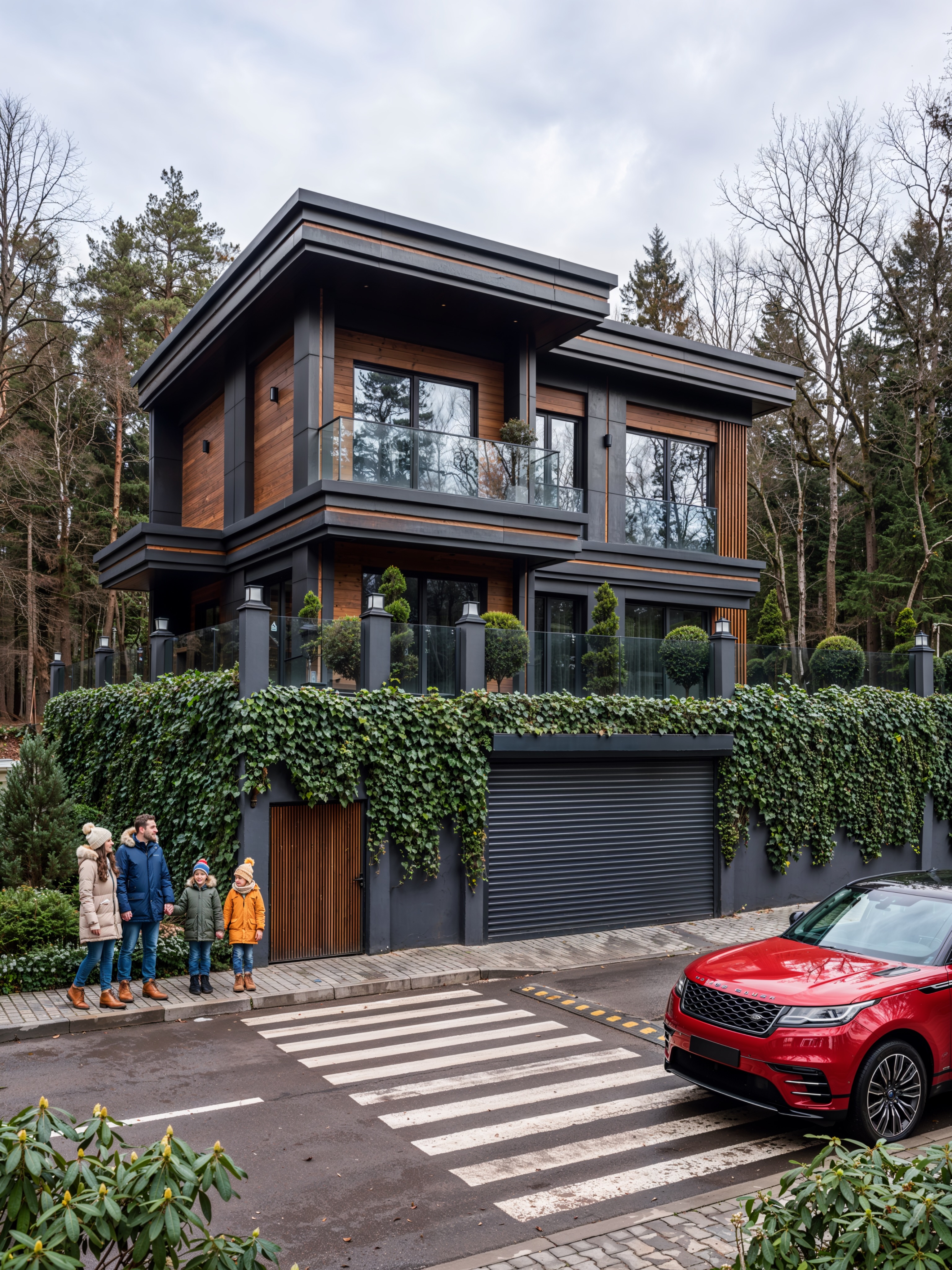 Doğal peyzaj içinde koyu cepheli, ahşap detaylı modern villa renderı